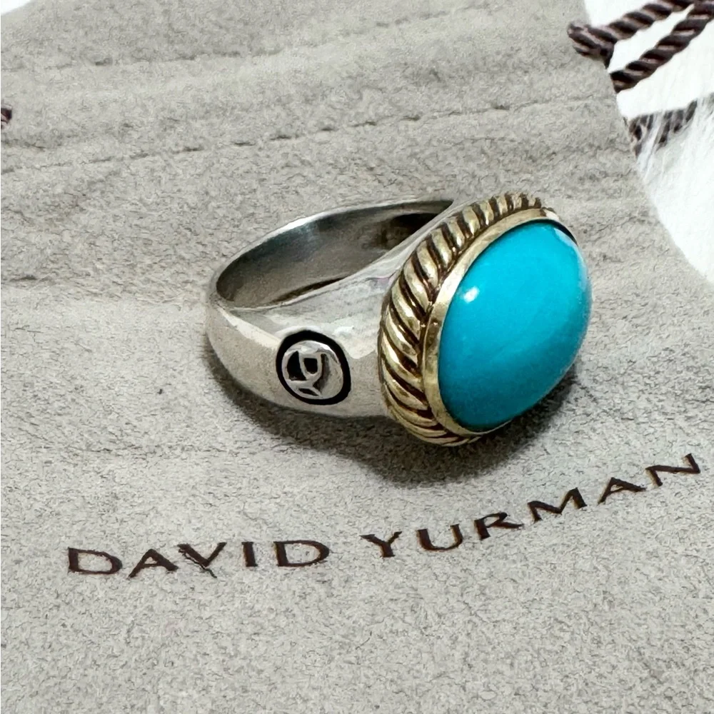 David Yurman 925 18K Gold Turquoise Oval Noblesse East West Ring Sz 8 - Picture 3 of 9